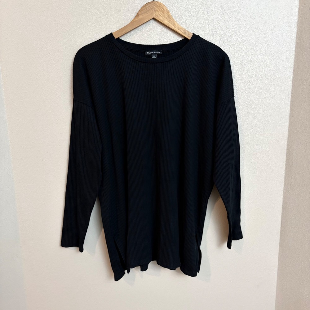 Eileen Fisher Ribbed Tunic Top Large Black Tencel Cotton Stretch Minimalist